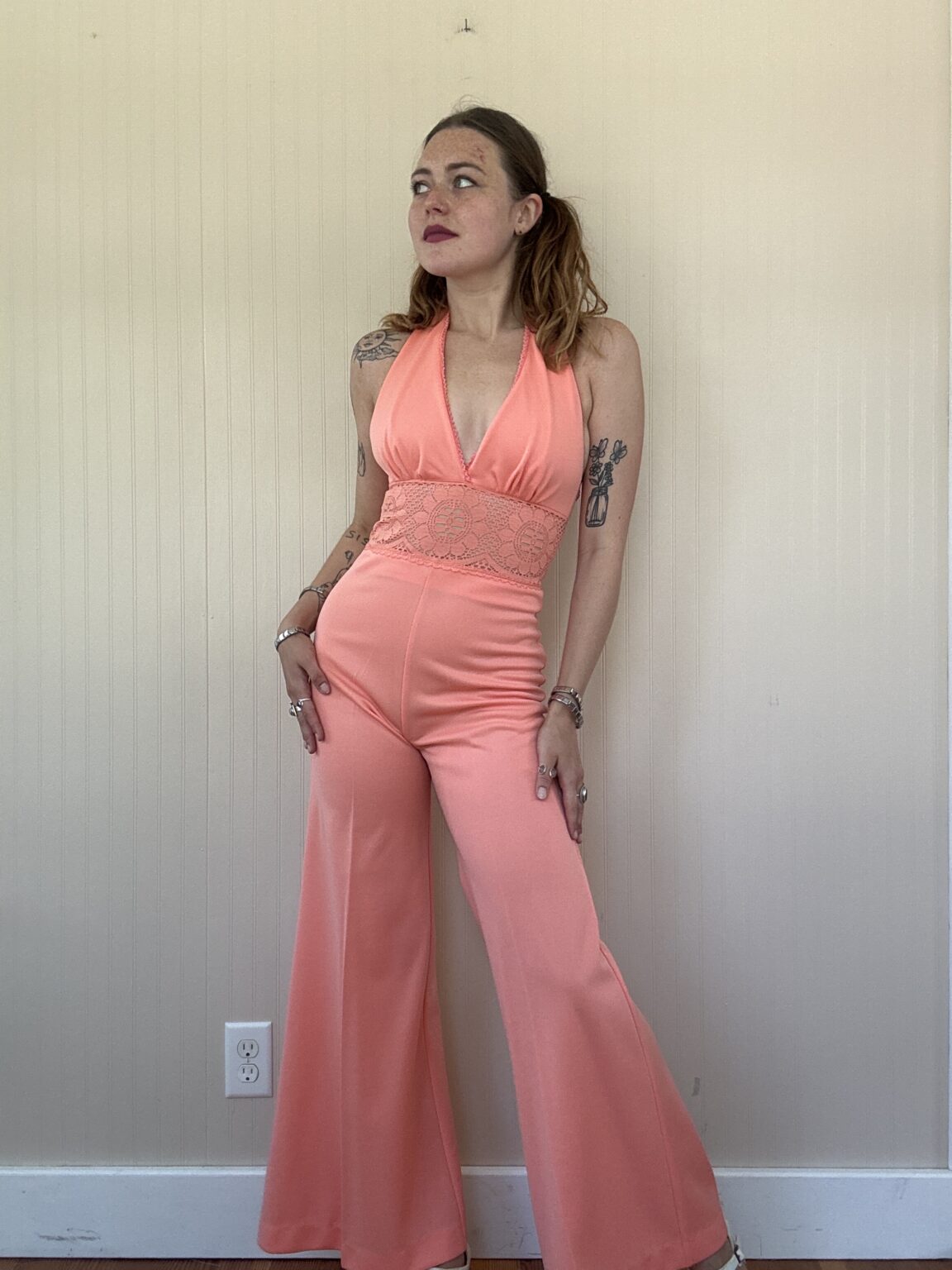 70s Coral Pink Lace Cutout Jumpsuit – Sonic Wave Vintage